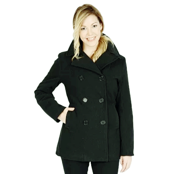 Excelled Womens Double-Breasted Faux-Wool Classic Peacoat Charcoal Sz. Small New - Picture 1 of 9